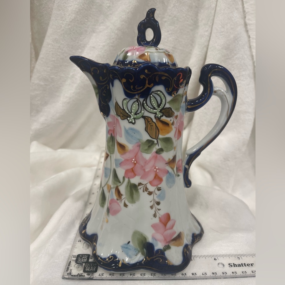 Hand painted Nippon chocolate pot. Cobalt blue and white w/flowers